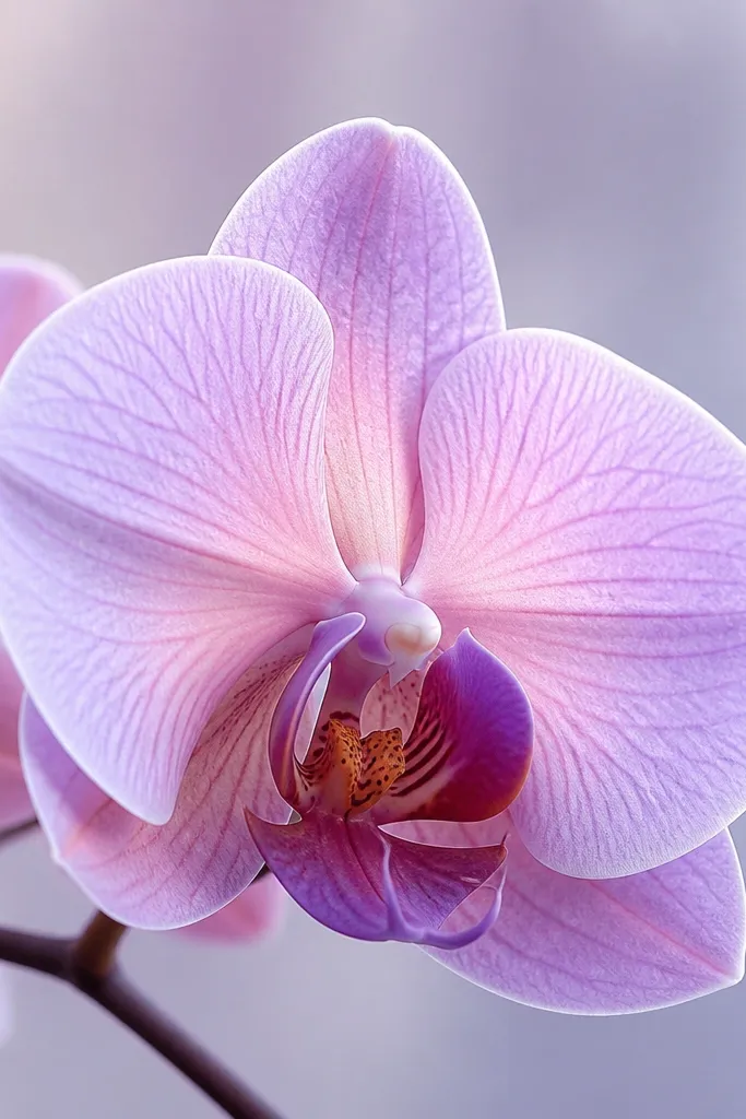 A pastel orchid with strong cool-warm separation. Petals are mostly cool lavender, while inner folds show dusty blush pink. The throat is deeper purple with a faint warm undertone. Veins are visible but soft, and the highlights stay bright.