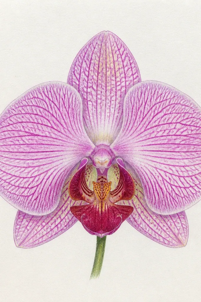 A close-up orchid drawing showing dense vein lines and fine texture. The petals are pale lavender with gentle washes, but the veins are sharply defined with layered colored pencil strokes. The throat shadow is dark and crisp, and highlights are kept bright along petal ridges.