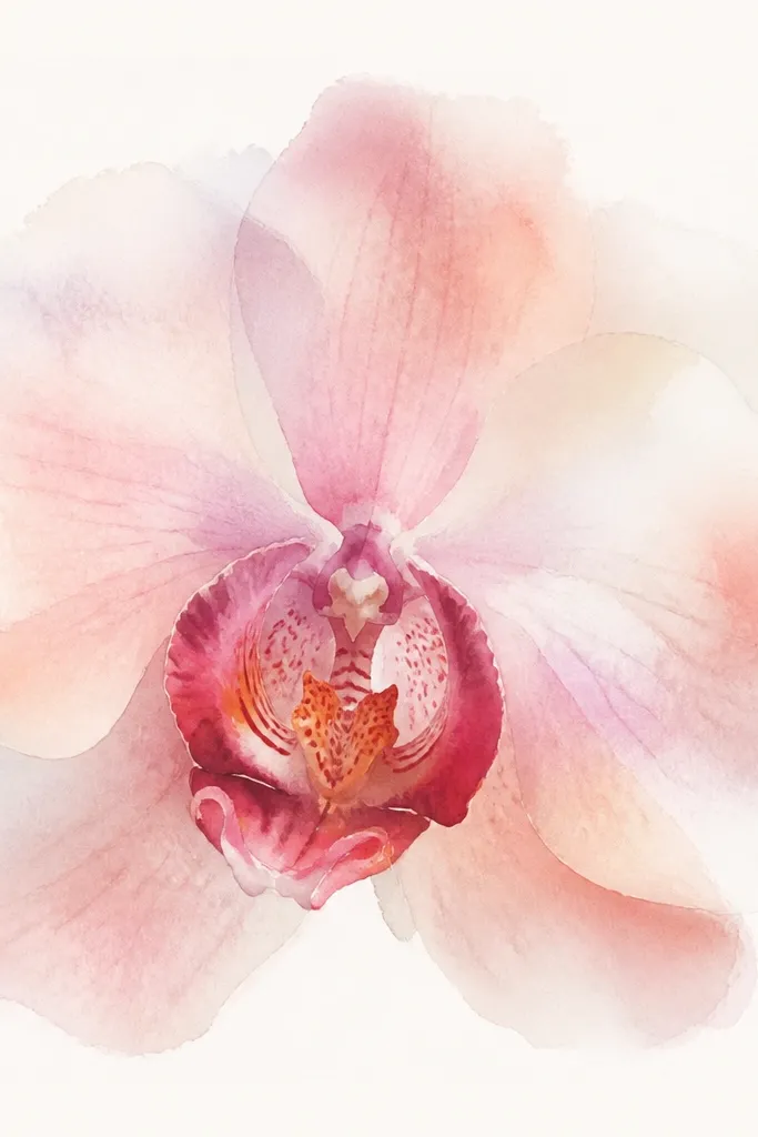 A watercolor orchid with very soft petal borders. The center throat is slightly darker, and the petals fade outward with milky gradients. Vein lines are minimal, suggested with faint pencil. The outer edges look airy and blended rather than sharply outlined.