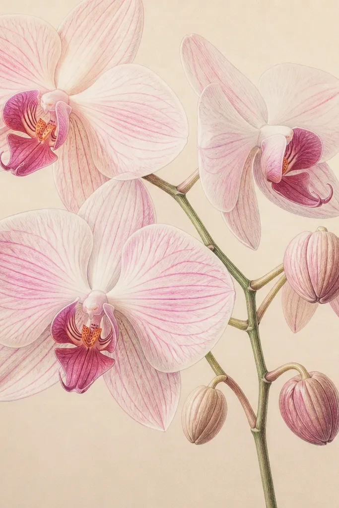 Luxe high end Orchid Drawing with pastel tones