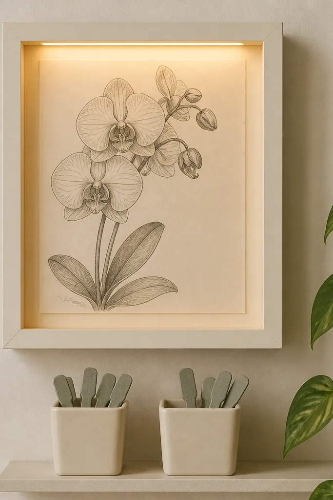 A cream shadow-box frame holds a hand-drawn orchid on matte off-white paper. Warm LED strip light glows along the underside of the frame, casting a soft halo on the drawing. Below the frame, two small cream storage bins sit on a narrow shelf with muted grey plant labels.