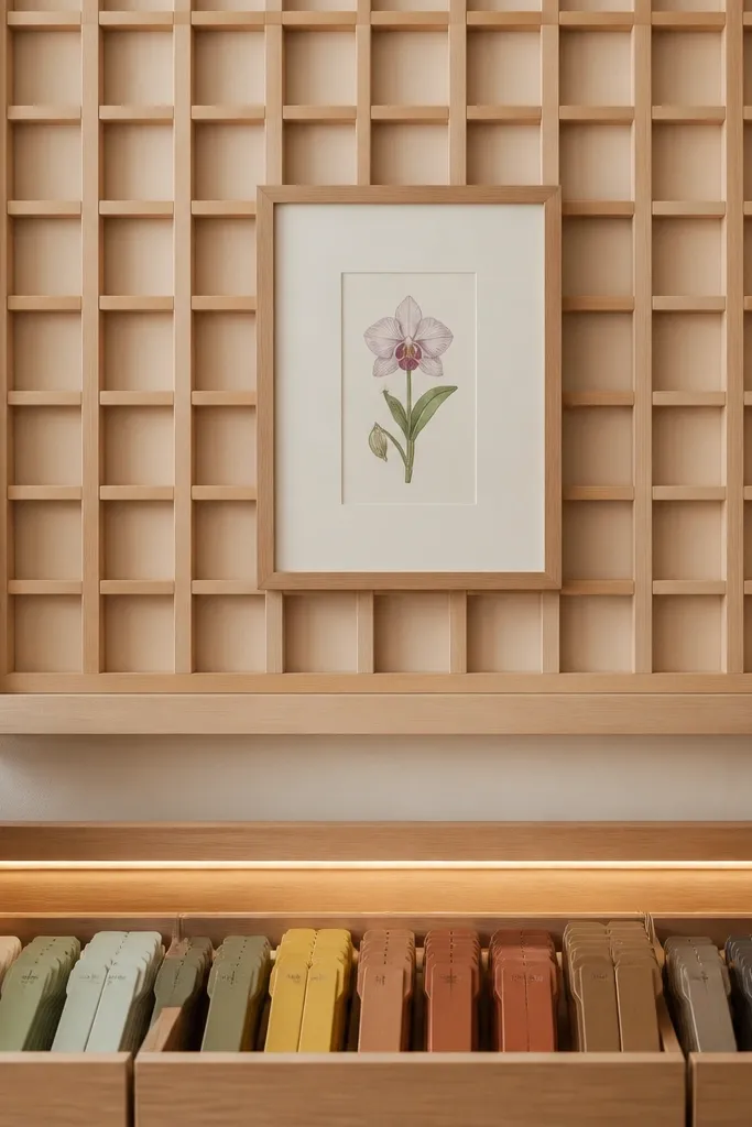 A light wood wall grid has a small orchid drawing centered on a matte board. Under the grid, a shallow drawer unit has tiny warm lights along the inside edge. The drawer fronts show neat rows of plant tags in muted colors.
