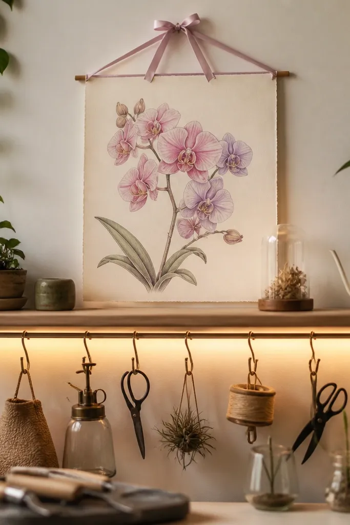 A hand-drawn orchid in soft pink and lavender hangs from a ribbon across a narrow wall shelf. A clip rail below holds small tools and plant supplies. Warm LED strip lights run under the rail, making the ribbon and drawing glow.
