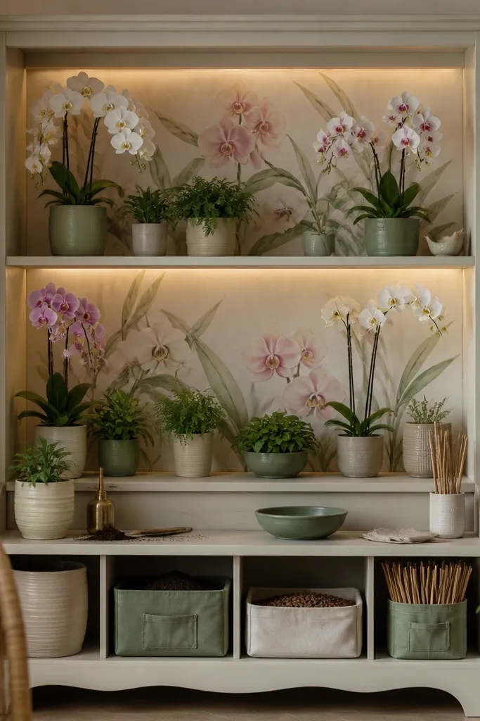 A small open shelf unit has a hand-painted orchid mural on the back panel. Each shelf has a warm LED strip behind the plants. Small compartments hold pots, soil, and plant stakes, all in muted cream and sage.