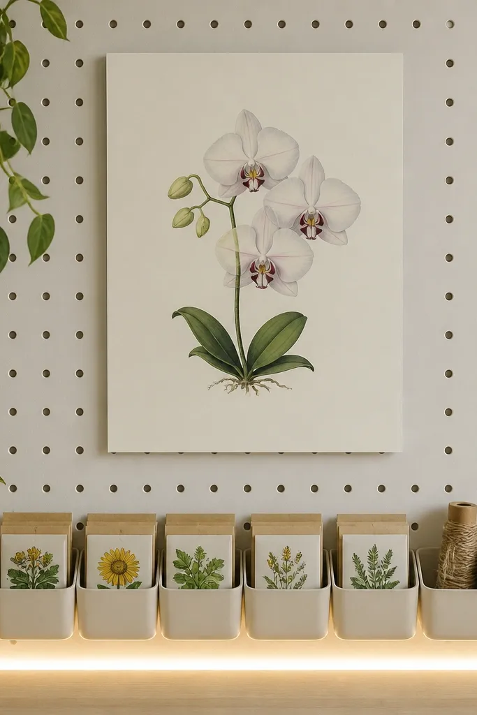 A white pegboard wall holds a centered orchid drawing on a matte board. Beneath it, small pockets hold seed packets and plant twine. Warm LED strips run along the bottom edge, lighting the pockets.