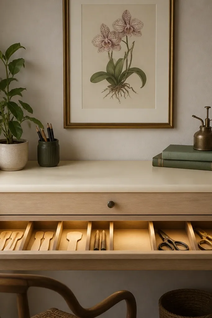 A small writing desk has a framed orchid drawing above it. Under the top drawer, a warm LED strip lights a drawer organizer with compartments for plant labels and scissors. The desk surface is cream with a pale wood finish.