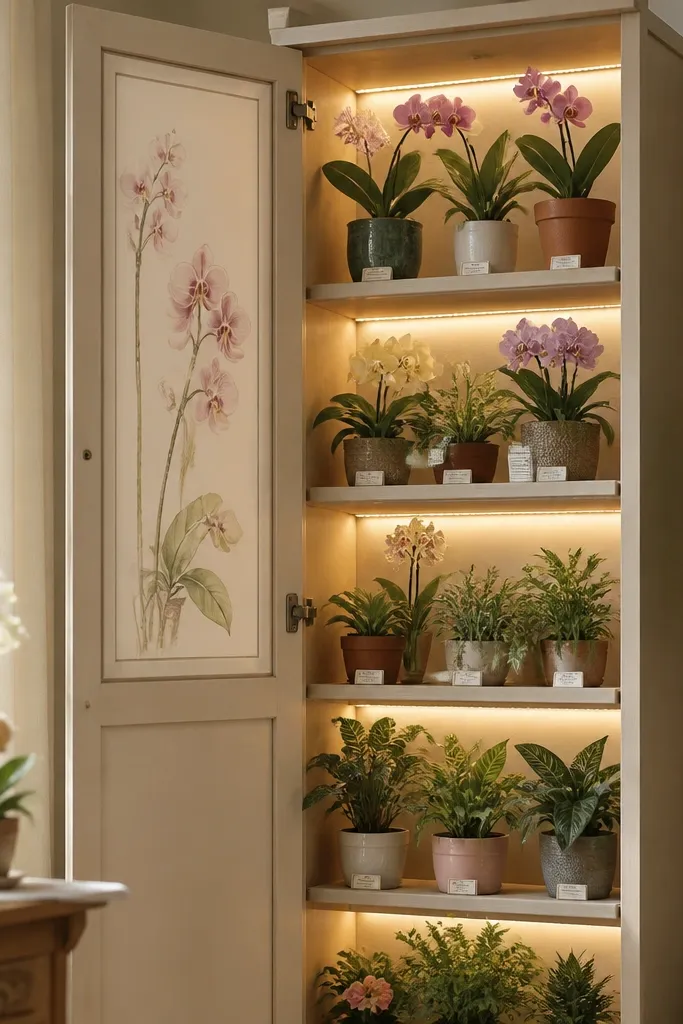 A narrow tall cabinet has a pastel orchid drawing panel on the inside of the top door. Warm LED strips line the back of each shelf. Small shelf labels sit along the front lip with neat plant tags.