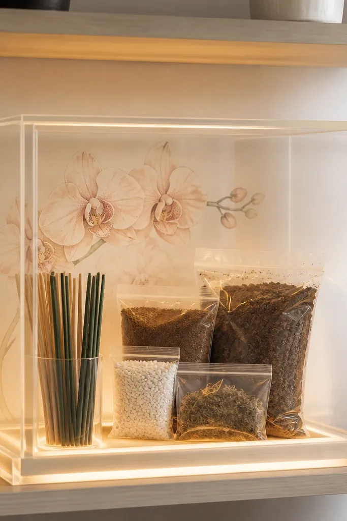 A clear acrylic box sits on a shelf with a pastel orchid drawing on the back wall. Inside the box, a small lighted tray holds potting soil packets and plant stakes. Warm LEDs glow through the acrylic edges.