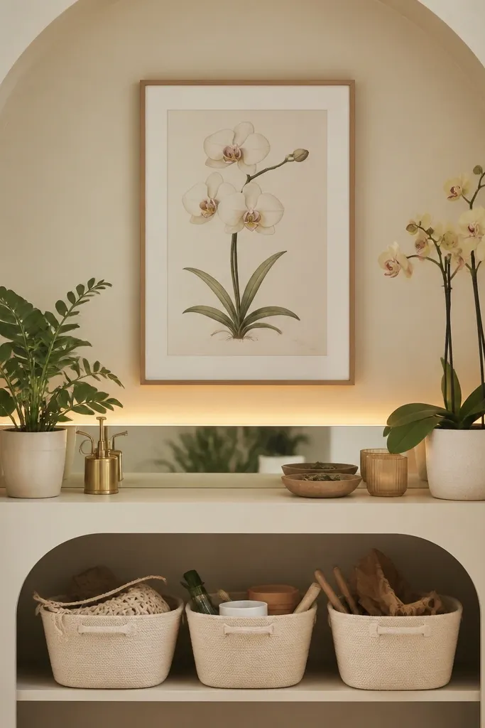 An arched shelf has a framed orchid drawing centered above it. A warm LED strip runs behind a small mirrored panel under the frame. On the arched shelf, cream storage baskets hold plant supplies.