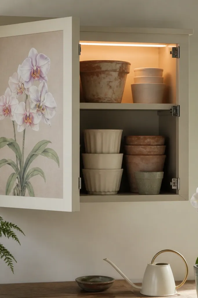A small wall cabinet has an orchid pastel drawing on the door. When opened, a warm LED strip lights the interior where pots and spare planters are stacked. The door has a cream border and muted grey hinges.