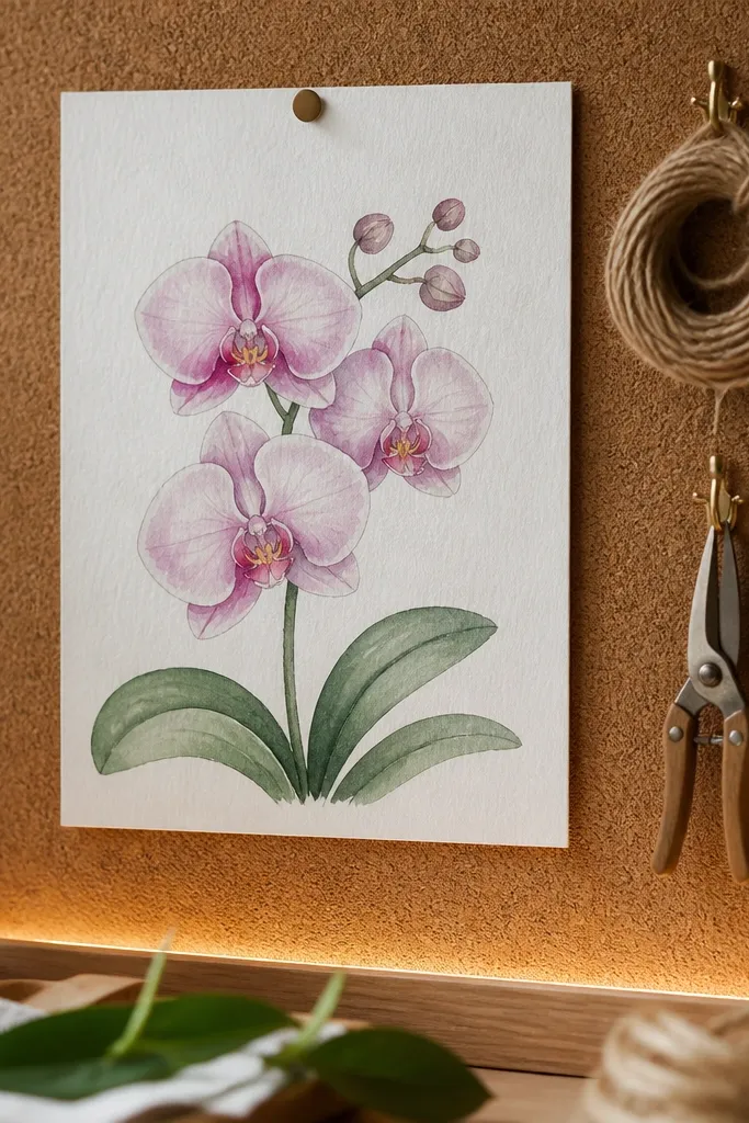A watercolor paper orchid drawing is pinned to a cork board. A thin warm LED strip runs along the cork's bottom edge. Small hooks hold plant twine and mini pruners, all neatly arranged.