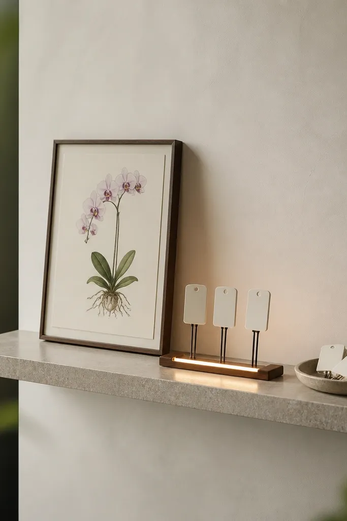 A thin floating ledge holds a small framed orchid drawing. At the ledge edge, a tiny warm LED-lit stand displays pot labels like place cards. Nearby, a small tray holds spare labels and ties.