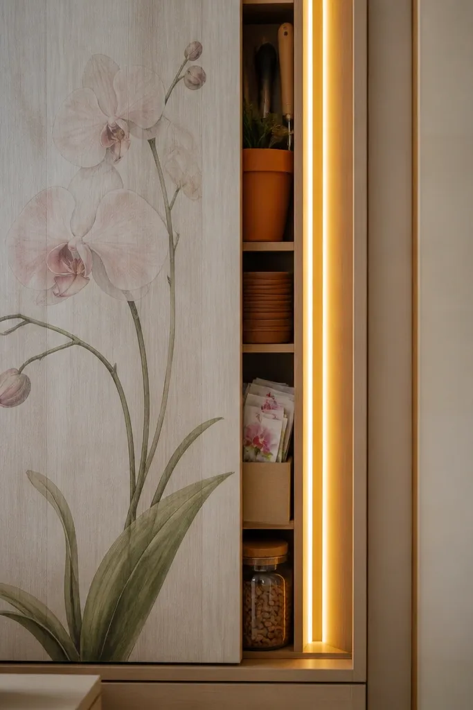 A sliding wooden panel has an orchid drawing in pastel tones. Behind or beside it, a track holds a warm LED strip. When the panel slides, a narrow storage channel reveals plant supplies and labels.