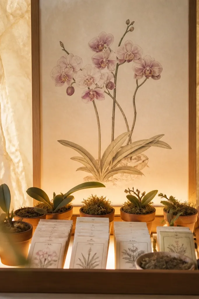 A soft tissue-paper backdrop behind an orchid drawing glows warmly under a lighted tray. The tray holds small pots and seed packets arranged in tidy rows. The overall scene looks hazy and dreamy.