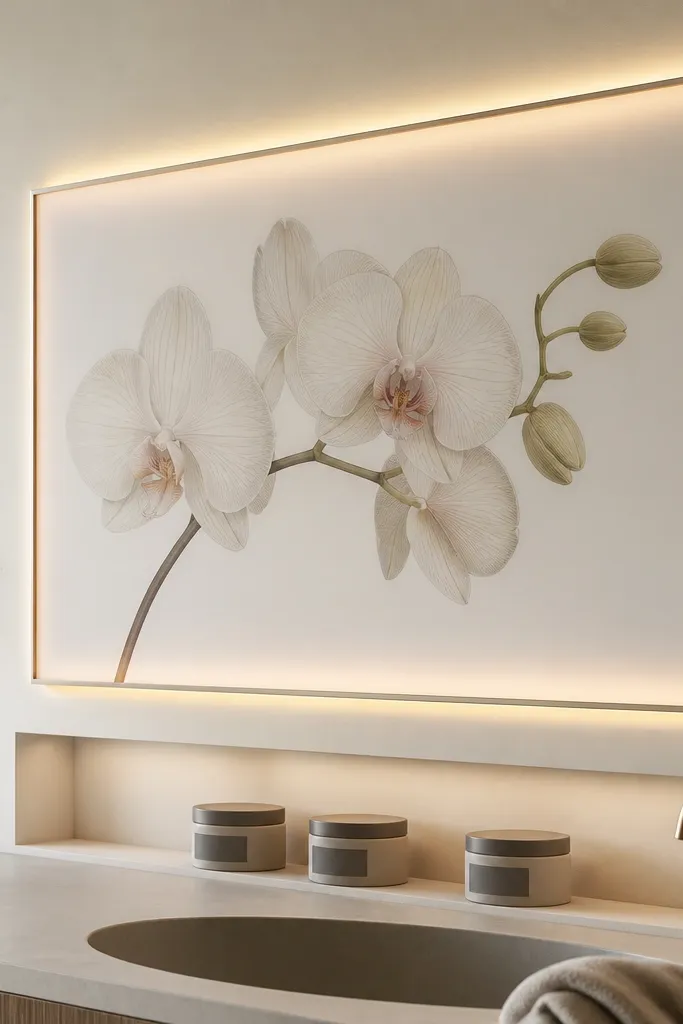 A framed orchid drawing is printed on matte acrylic, with a warm LED strip hidden along the frame edge. The orchid looks crisp but soft, and the storage shelf below holds small cream containers with grey labels.