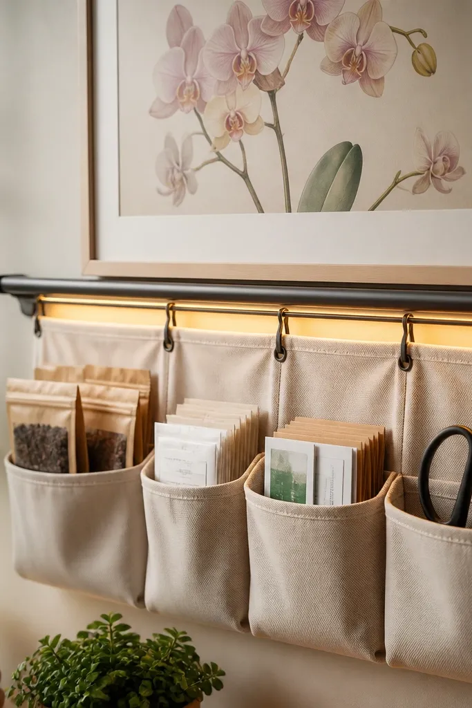 A pastel orchid drawing hangs from a rail above a hanging pocket organizer. Warm LED strip lights line the underside of the rail, lighting the pockets. The pockets hold small soil packets, label cards, and pruning scissors.