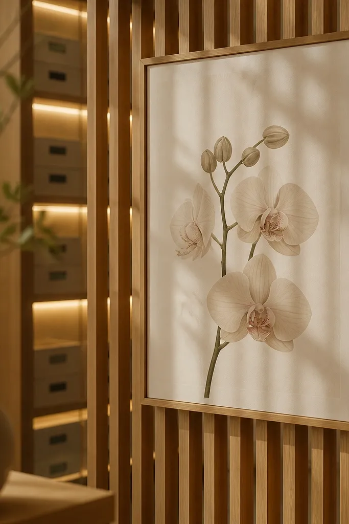 A slatted wooden divider holds a framed orchid drawing. Behind the slats, warm LED strips light a row of small storage drawers. The slats cast gentle shadows across the orchid.