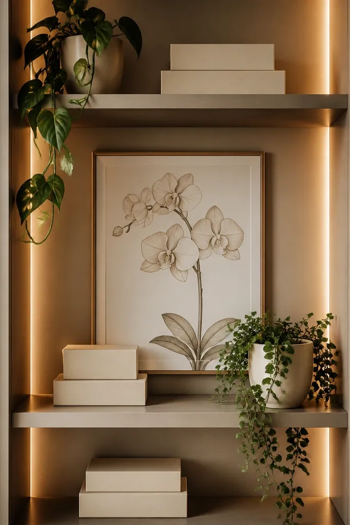 A bookcase niche has a framed orchid drawing on the back wall. Two warm LED strips run along the side edges of the niche. Shelves hold small cream boxes and a few trailing plants in matching pots.