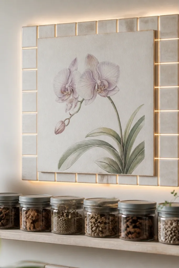 A small ceramic tile board holds a pastel orchid drawing mounted on top. A warm LED strip sits along the tile edge, making the grout lines glow softly. Below, a narrow shelf holds small plant supply jars with grey lids.
