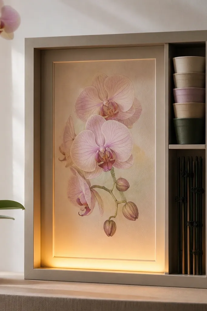 A deep shadow box holds a pastel orchid drawing with warm LEDs on the lower interior. Inside the box, a vertical stack holds slim pots and plant stakes. The glow highlights the orchid petals and the storage items sit neatly in one column.