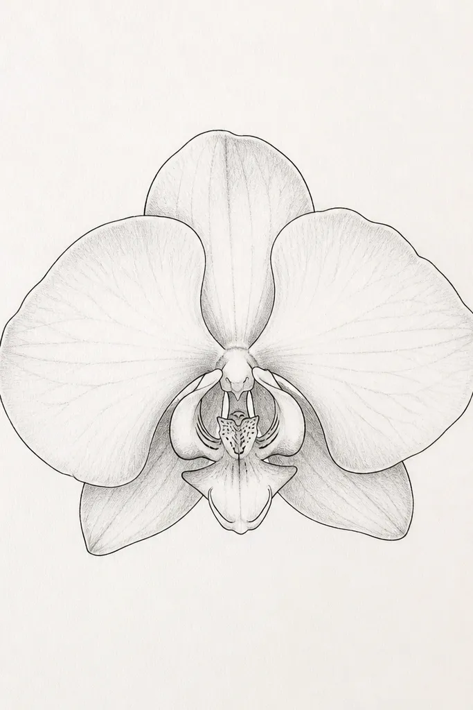 A modern orchid sketch centered on bright off-white paper, thin gray pencil shading on petals, crisp black outline, lots of empty space around the flower, no border.