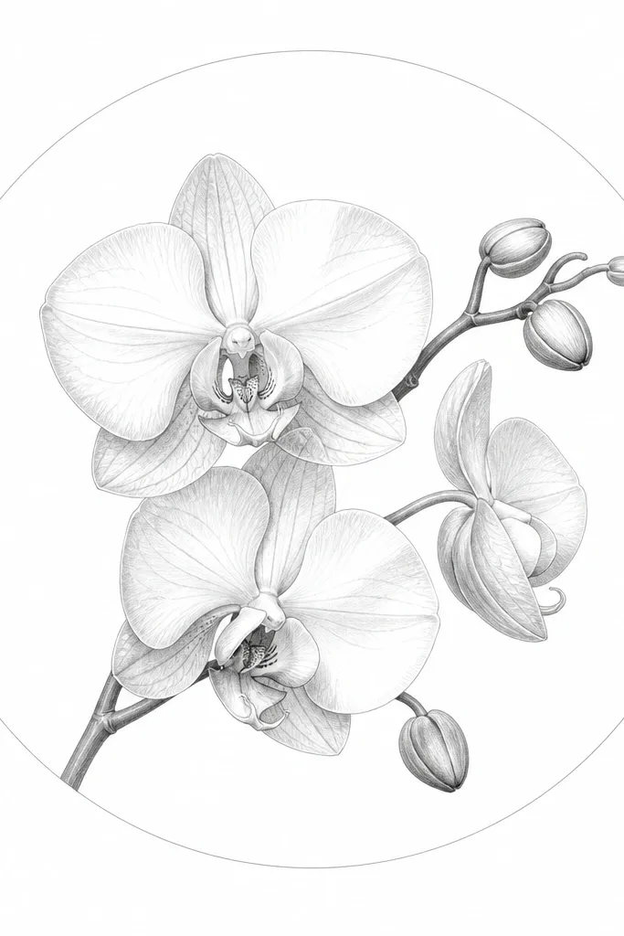 An orchid sketch inside a faint thin circle drawn with a ruler, delicate black lines for petals, light gray shading, clean white margin outside the circle.