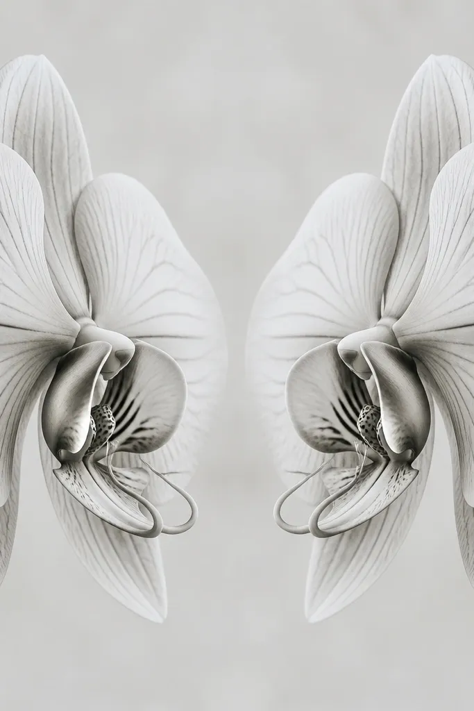 Two orchids facing each other around a central axis, mirrored petals and lip shapes, thin black lines, subtle gray shading, centered composition.