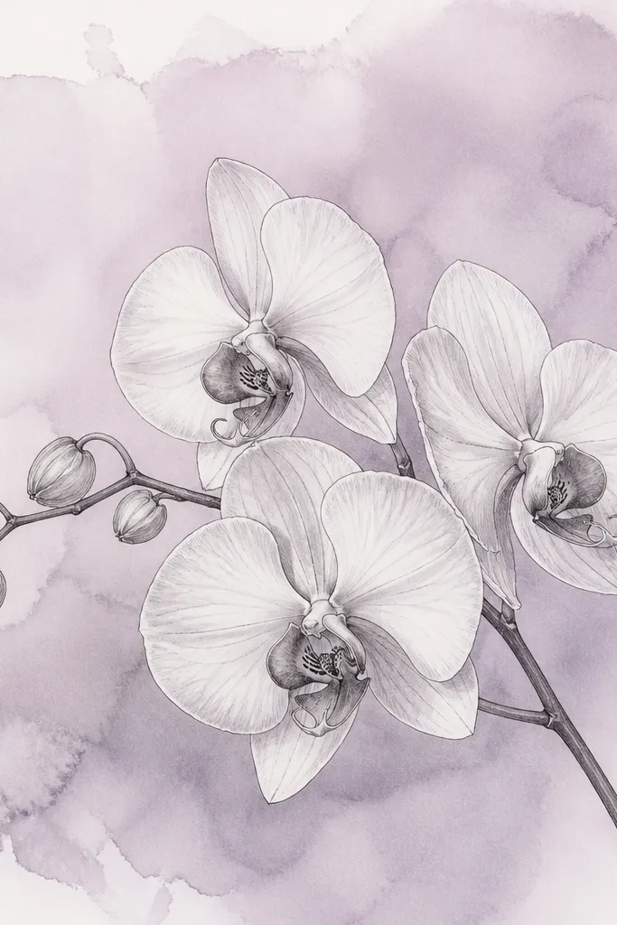 Black orchid line art over a pale watercolor wash in dusty lavender, petals lightly shaded in gray pencil, soft edges in the background.