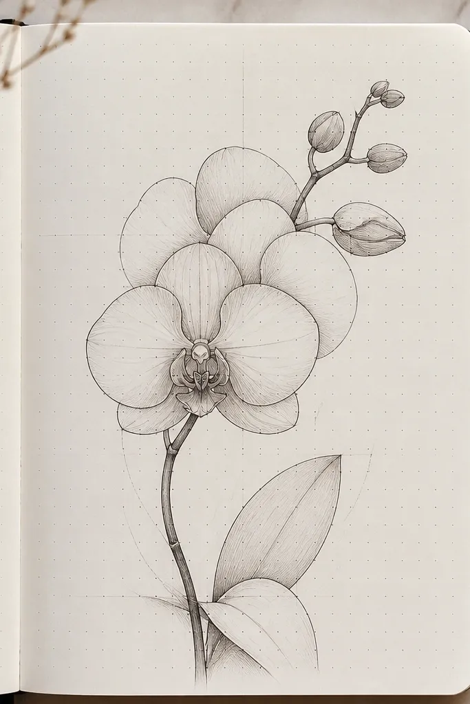 A faint dot grid pattern across the page, orchid drawn in dark lines over it, light pencil shading, modern tech-illustration vibe.