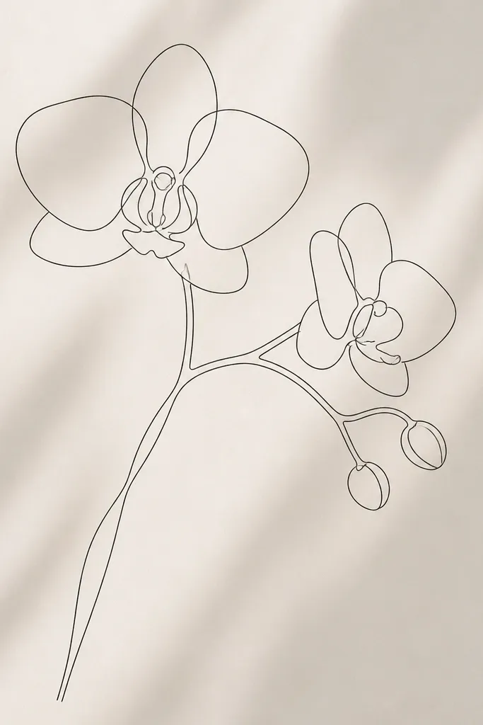 A single continuous line drawing of an orchid and stem, no filled shading, clean modern outline, consistent thin line weight.
