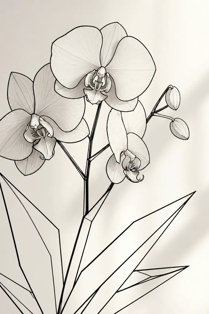 An orchid drawn with line art, leaves drawn as simple triangles and angled shapes, clean black outlines, light gray shading only on petals.
