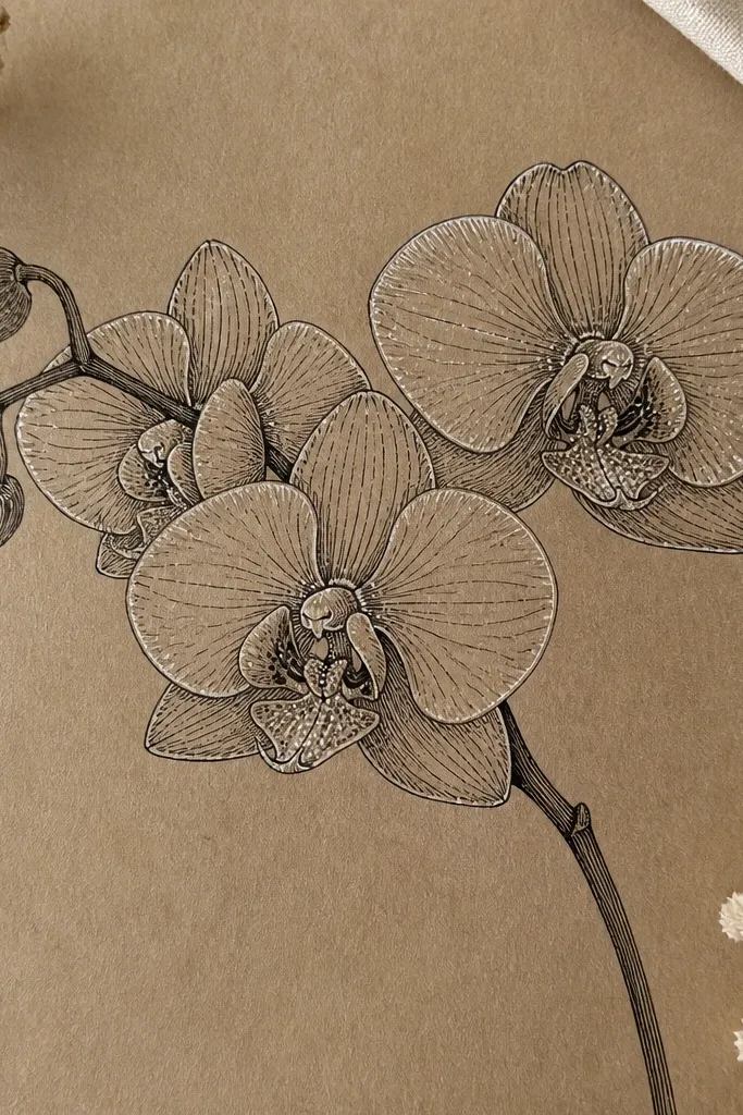 Orchid line art on brown kraft paper, dark ink petals, and white gel pen highlights on petal edges and lip specks.