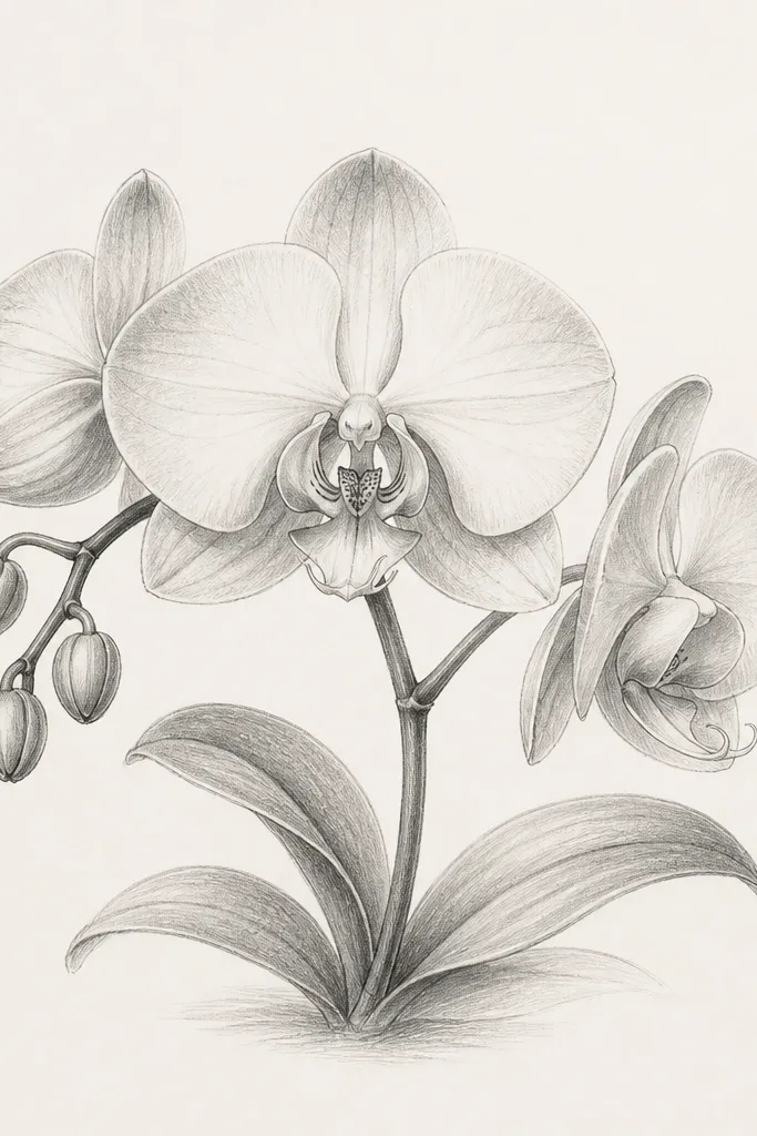 An orchid sketch centered in a square layout, with only corner marks showing the frame boundary, light gray pencil shading, modern drafting style.