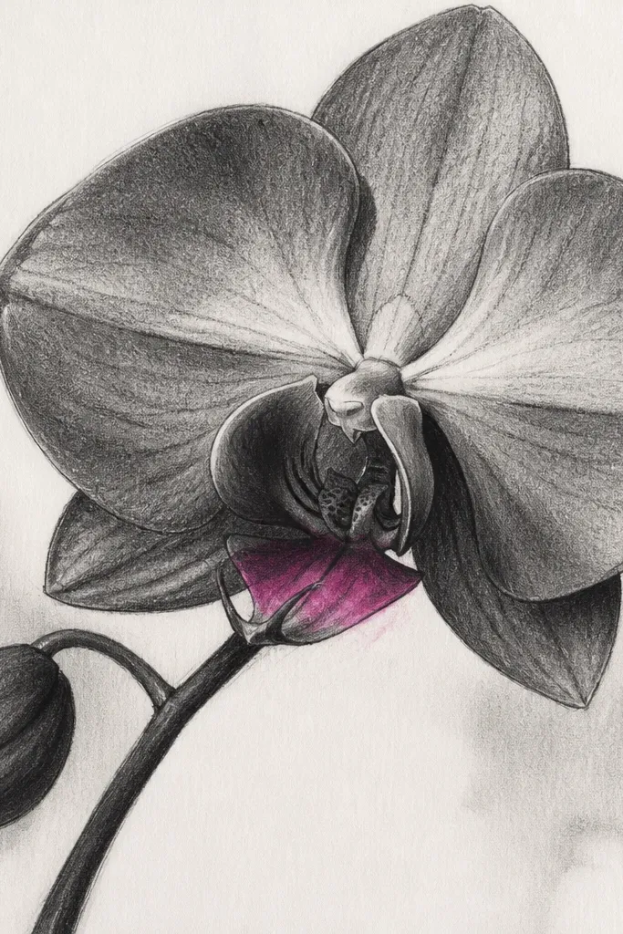 Black orchid sketch with gray shading, and a small spot of saturated magenta wash only under the lip area.