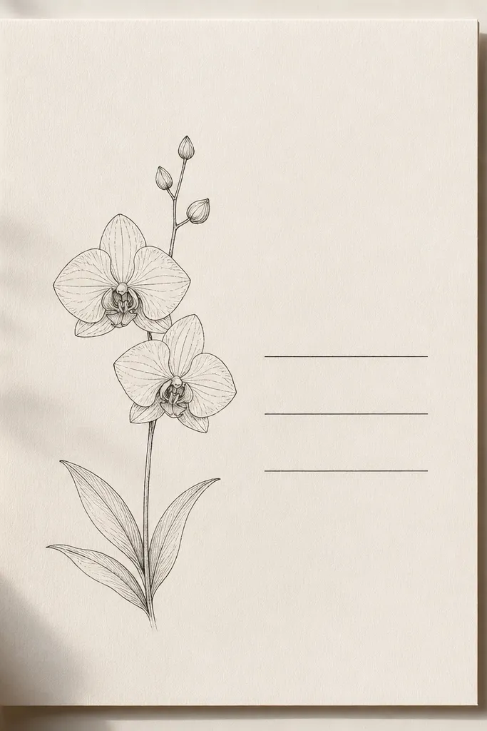 Orchid sketch with two or three thin horizontal lines beside it like labeling marks, no readable text, clean minimal style.