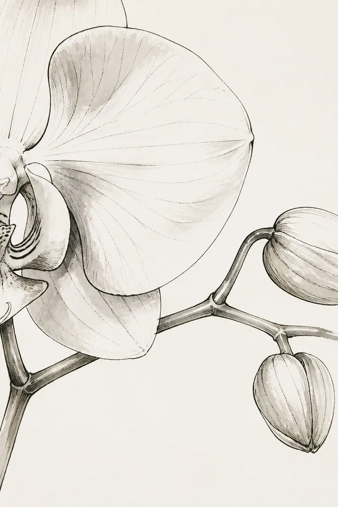An orchid sketch where one petal and part of the stem are cropped off by the page edge, thin ink lines, soft shading, modern print look.