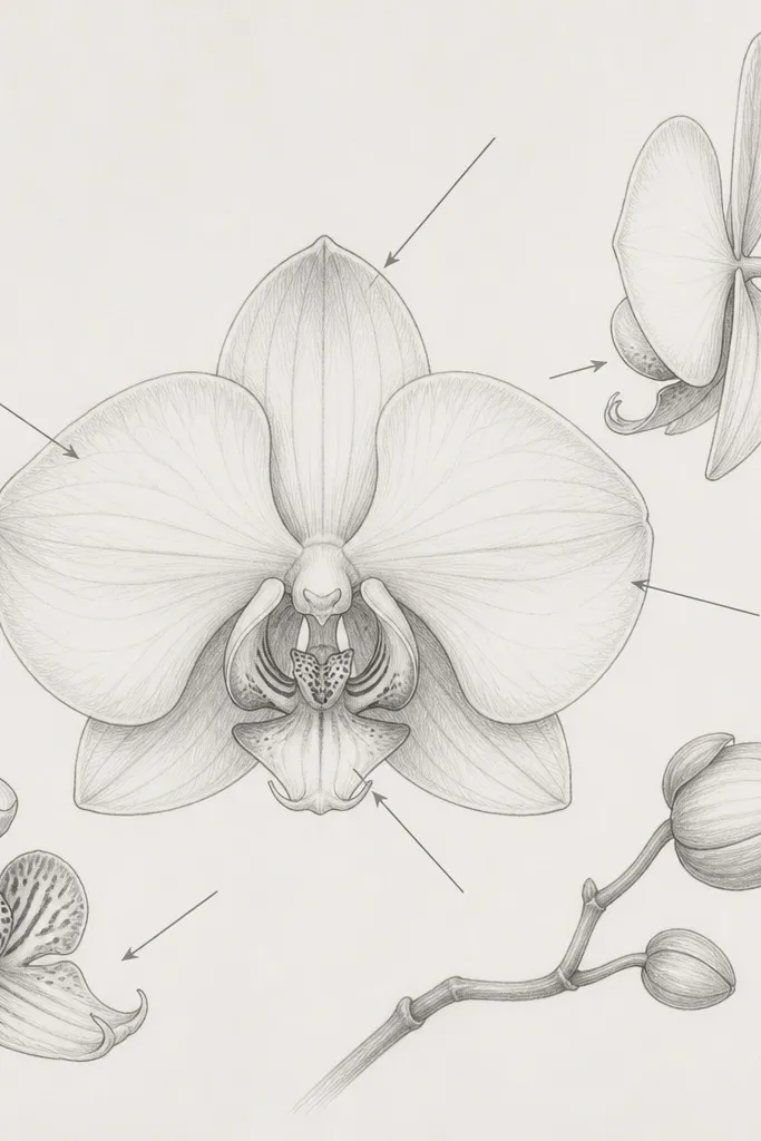 An orchid sketch with arrow lines pointing to petal areas, no letters, thin line art, balanced spacing, light gray shading.