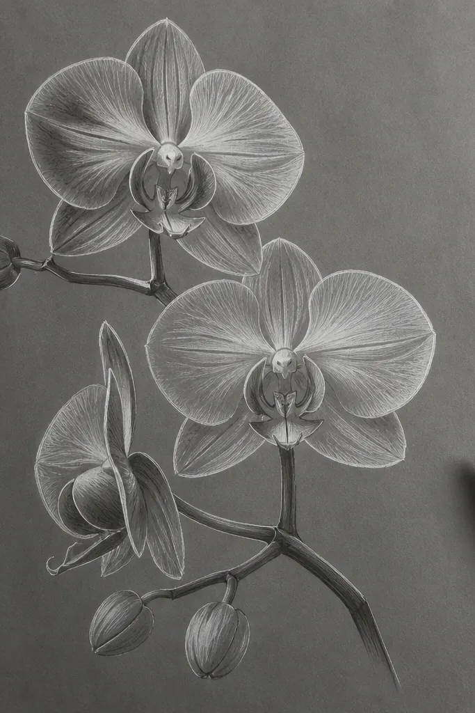 Orchid line art drawn in white pencil or chalk on medium gray paper, with darker accents in black, modern high-contrast look.