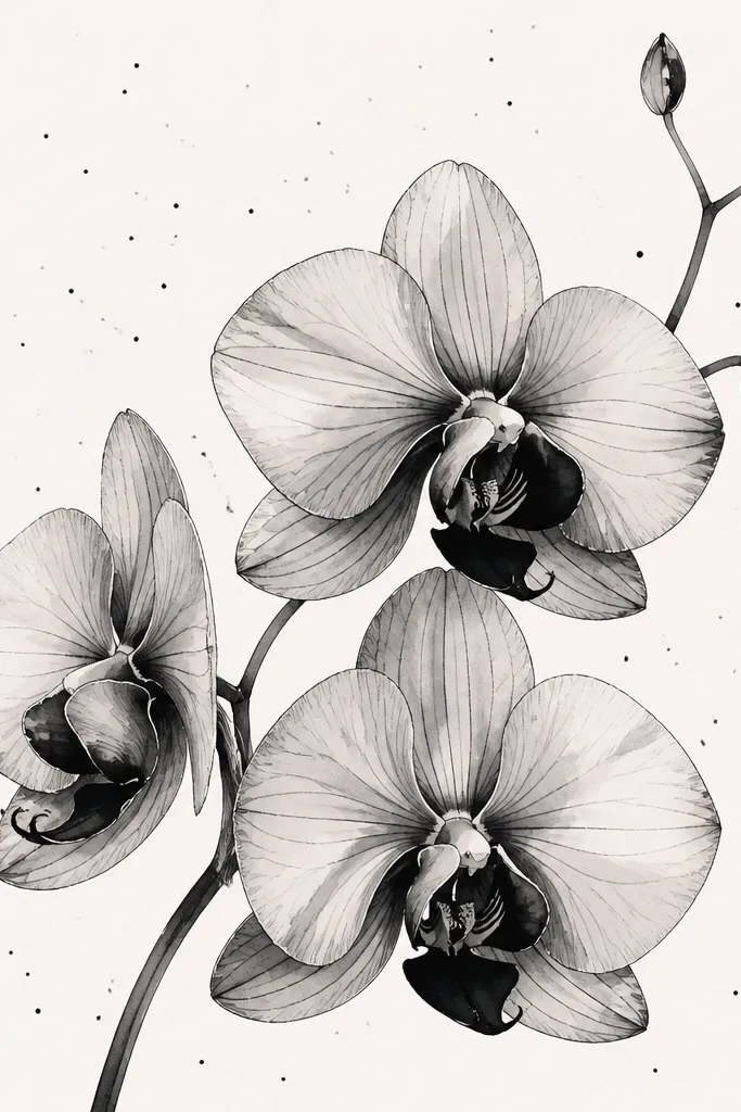 Black orchid sketch with light gray shading, and a sparse speckle pattern in the background like tiny ink dots, modern airy feel.