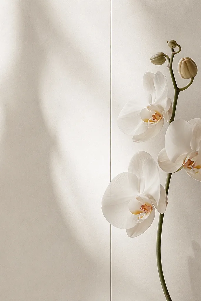 A thin vertical line runs through the orchid drawing, like a guide line, with the orchid placed slightly beside it, modern minimal layout.