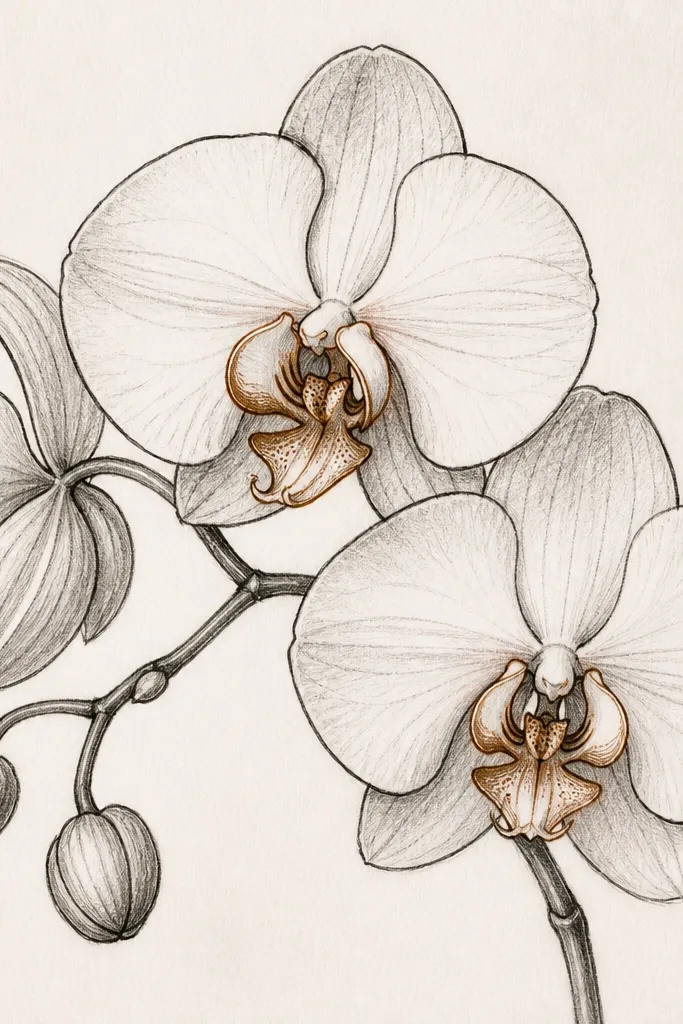 An orchid sketch with black outlines and sepia-brown accent outlines on inner petals, gray pencil shading, warm modern look.
