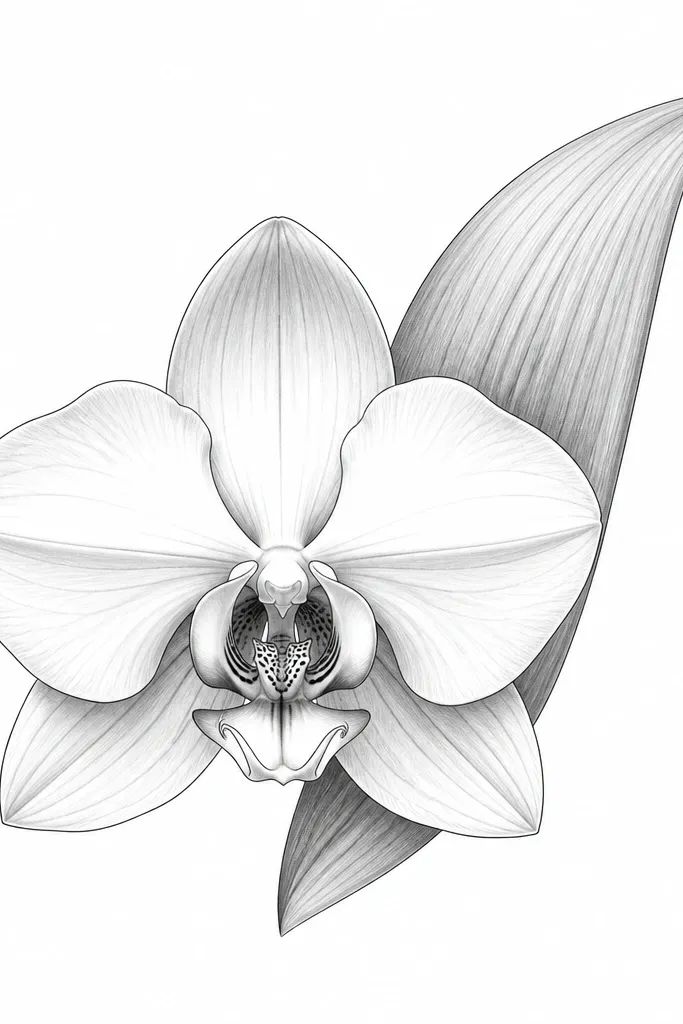 A centered orchid with one sweeping leaf behind it, clean black line art, light gray shading, completely blank background.