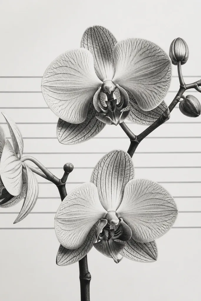 An orchid sketch with parallel gray lines running behind the stem, like a graphic background, crisp black petals, subtle shading.
