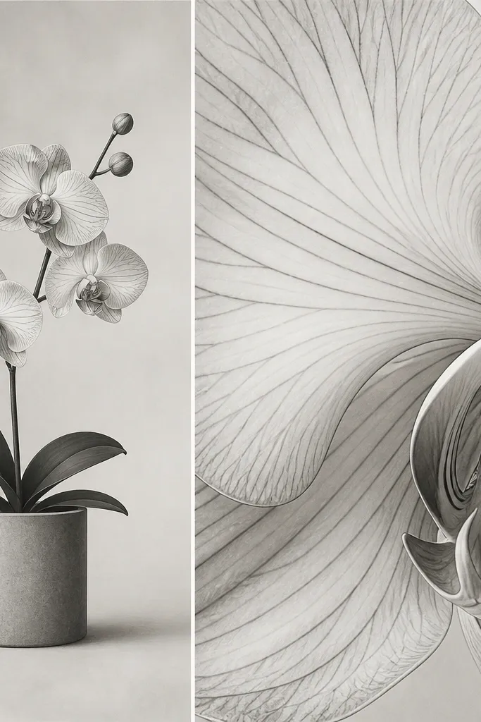 A two-panel layout: one small orchid full view and one big close-up petal panel with veins, line art, gray shading, modern editorial layout.