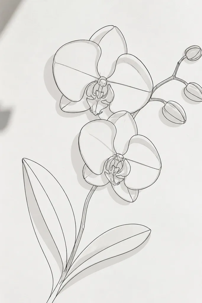 An orchid line drawing with a subtle gray offset shadow behind petals, like layered paper, clean modern look on white paper.