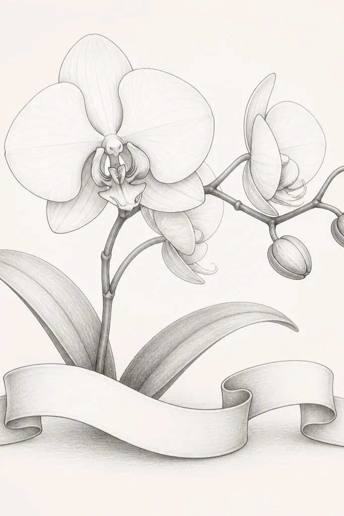 An orchid sketch with a thin ribbon-like banner shape at the bottom, no text, gray pencil shading under the ribbon, clean modern style.