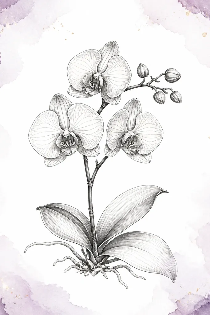Orchid sketch in the center with a watercolor border that bleeds slightly into the corners, light lavender edge wash, crisp ink lines.