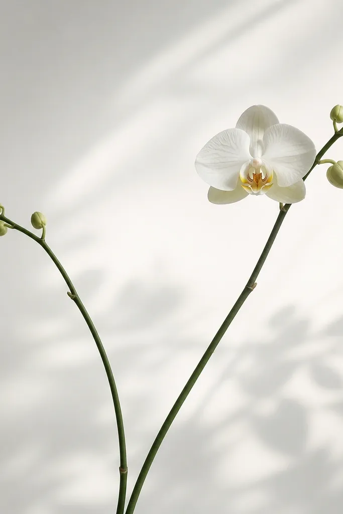 Two orchid stems forming a V shape with one flower near the top, clean line art, light gray shading, modern balanced asymmetry.
