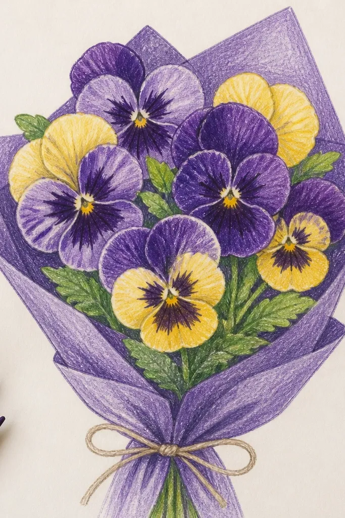 Purple pansies with yellow centers on a pale cream background