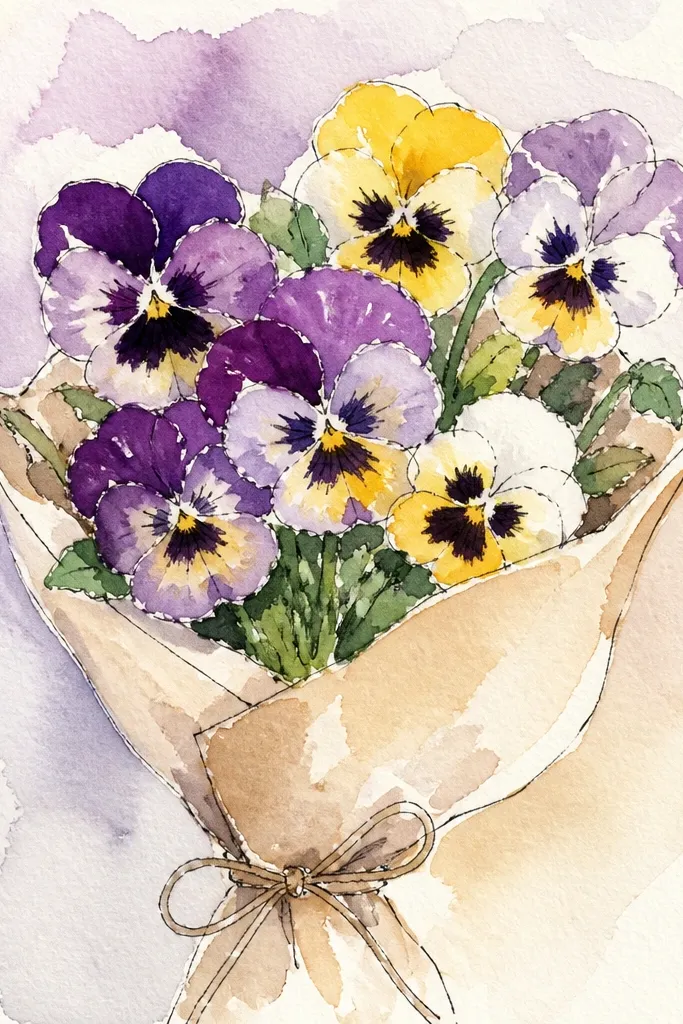 Loose ink pansies with soft watercolor washes and pale paper texture